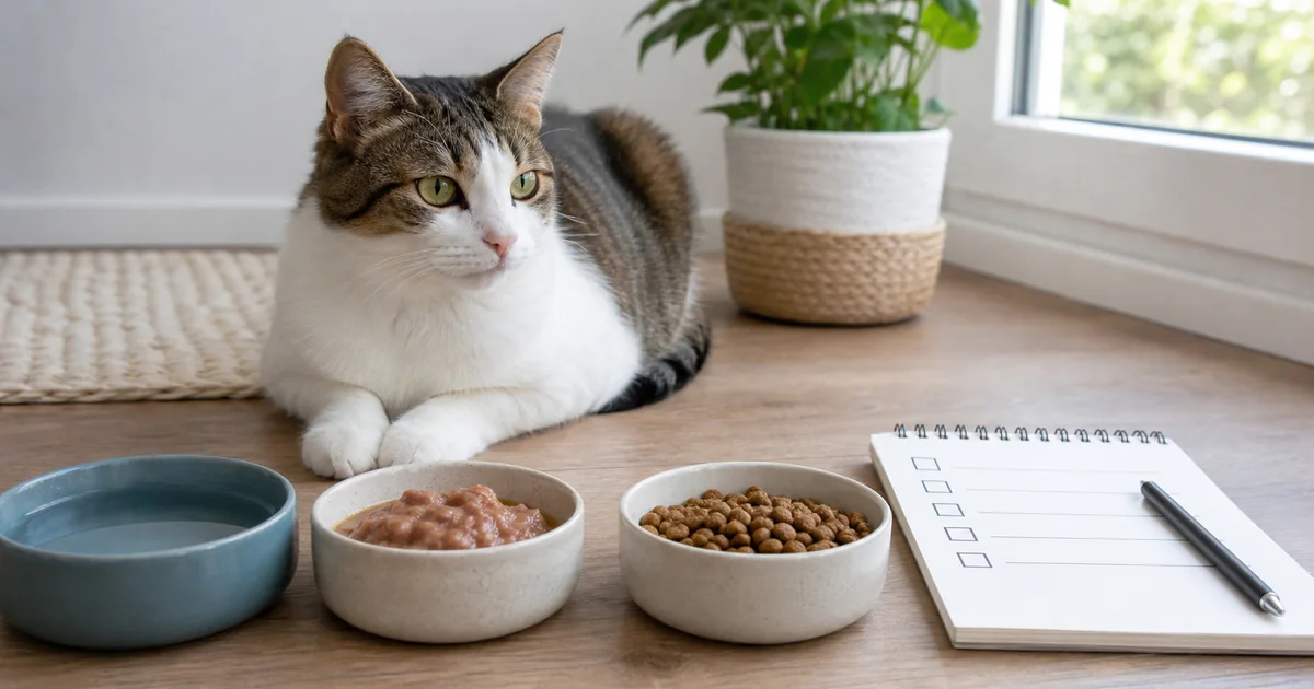고양이 식단과 배변 상태를 기록하는 체크리스트 노트, 물그릇, 사료가 함께 놓인 장면