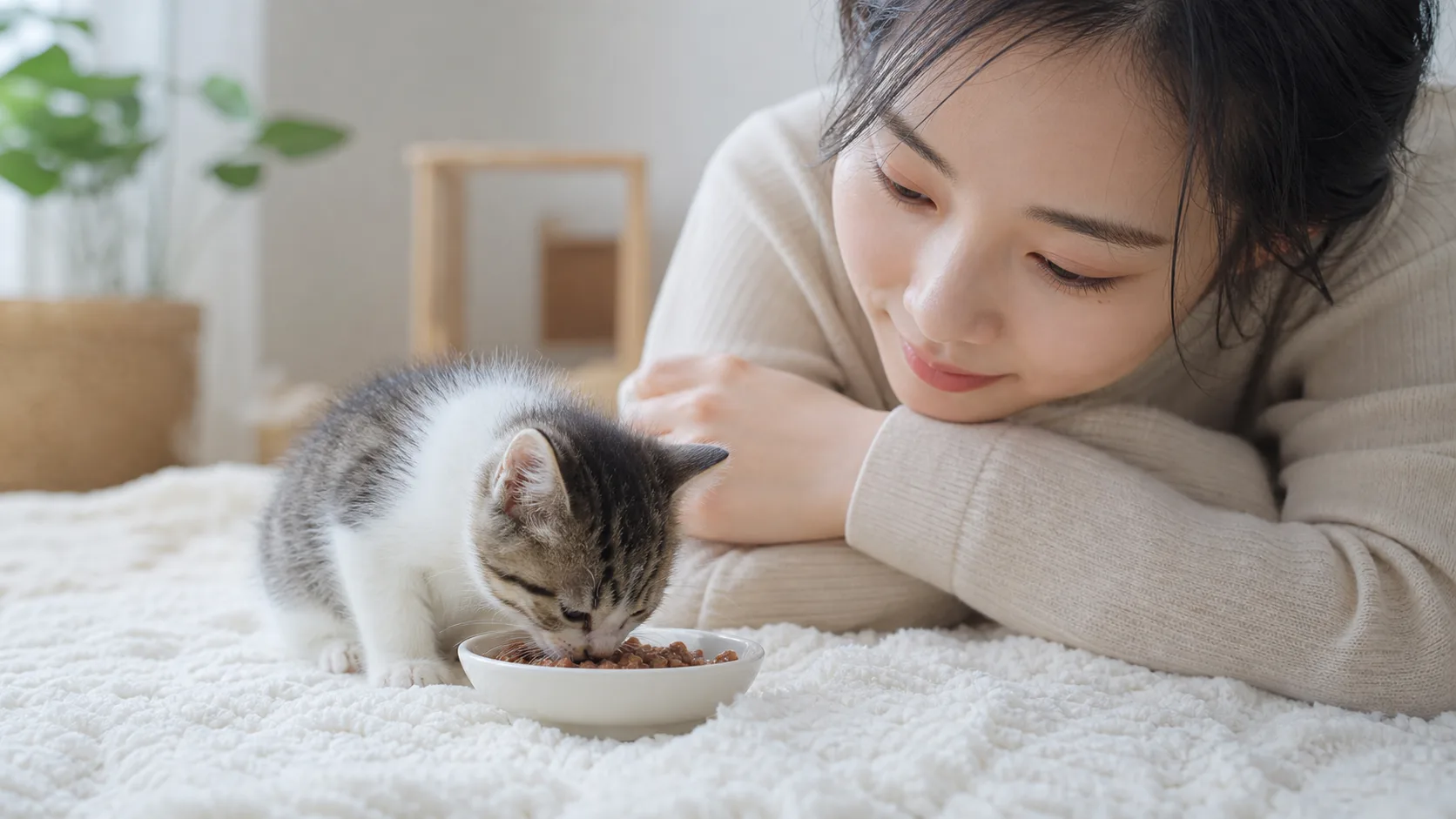 작은 양의 사료를 얕은 그릇에서 먹는 키튼을 지켜보는 보호자