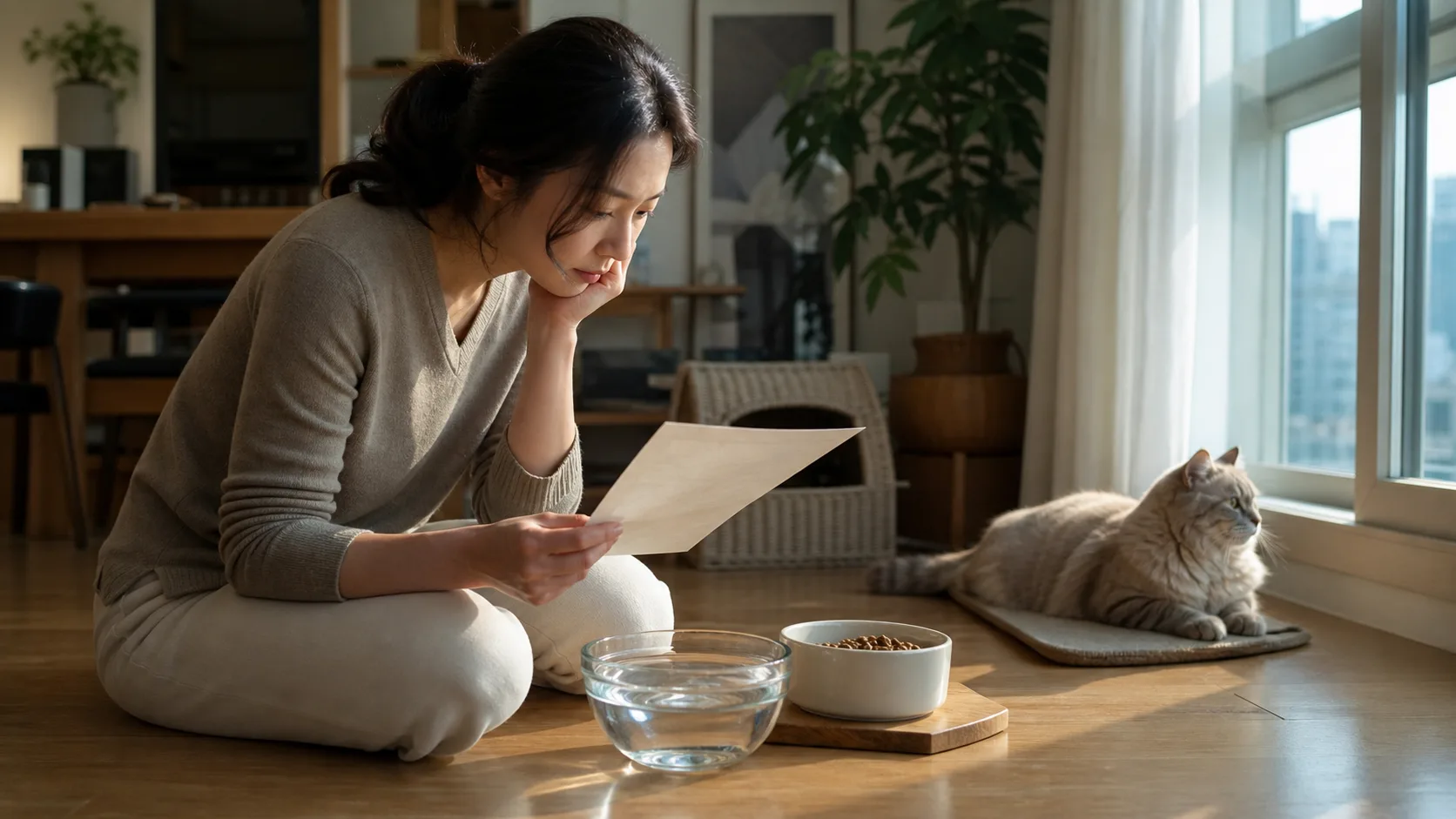 고양이 급여 공간에서 식사 시간과 사료 섭취를 기록한 노트를 확인하는 보호자