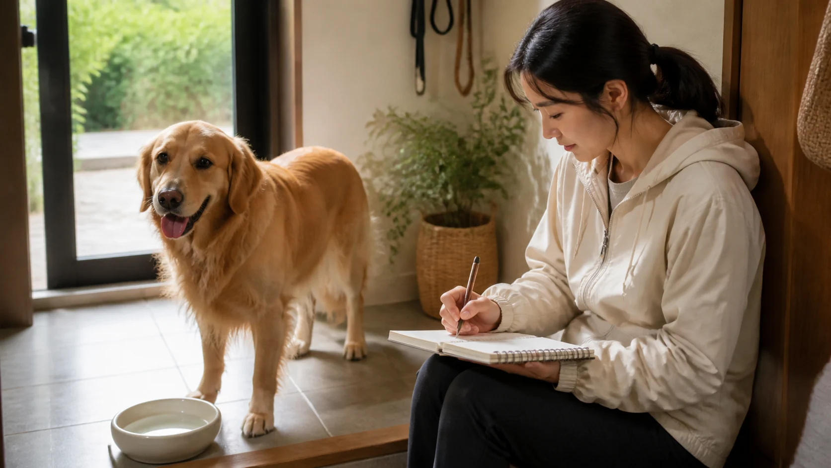 산책 뒤 편안하게 물을 마시고 배변 시간을 기록하는 강아지와 보호자