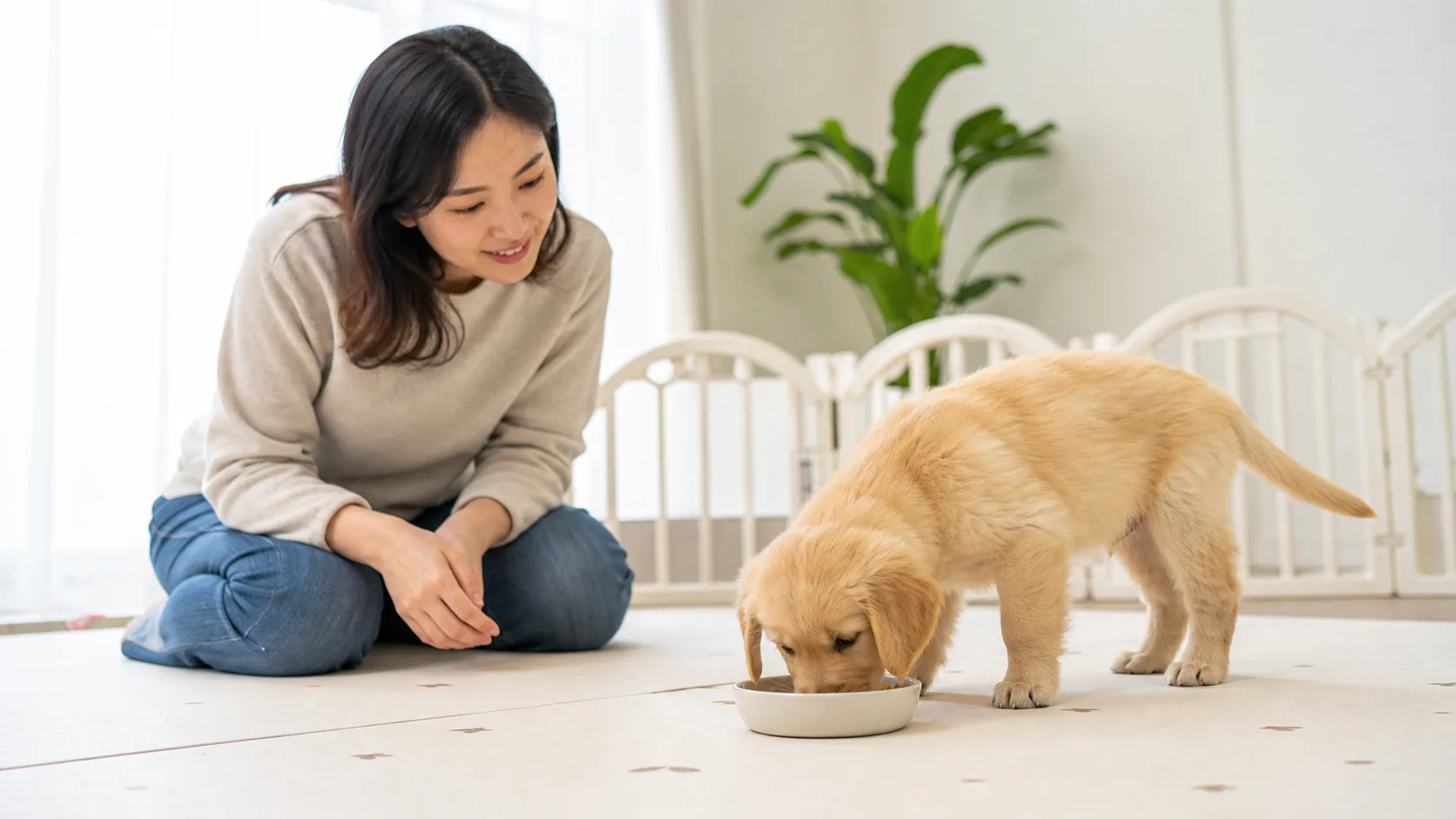 작은 양의 사료를 천천히 먹는 퍼피를 가까이에서 지켜보는 보호자