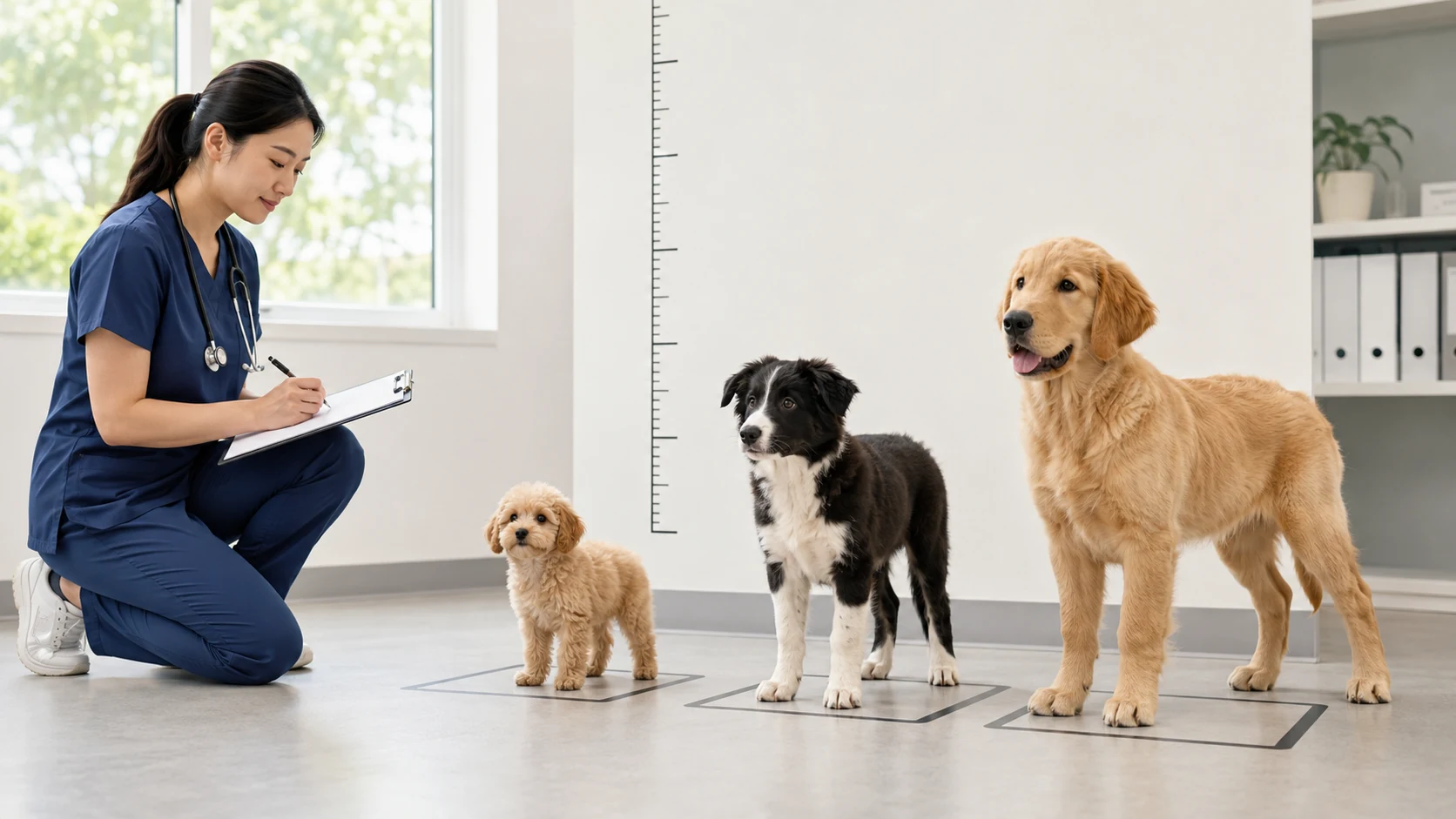 소형·중형·대형 강아지의 서로 다른 성장 속도와 체형을 확인하는 수의사